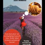 woman in red dress walking through a lavender field. There is a thought bubble above her with the image of a tan croissant