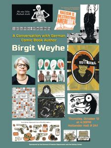 Headshot of Birgit Weyhe and a collage of her work.
