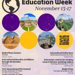 International Education week poster. Purple background with images of Giza Pyramids, Oxford, England, Christ the Redeemer statue in Rio de Janiero, and the Great Wall of China
