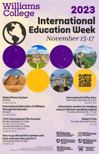 International Education week poster. Purple background with images of Giza Pyramids, Oxford, England, Christ the Redeemer statue in Rio de Janiero, and the Great Wall of China