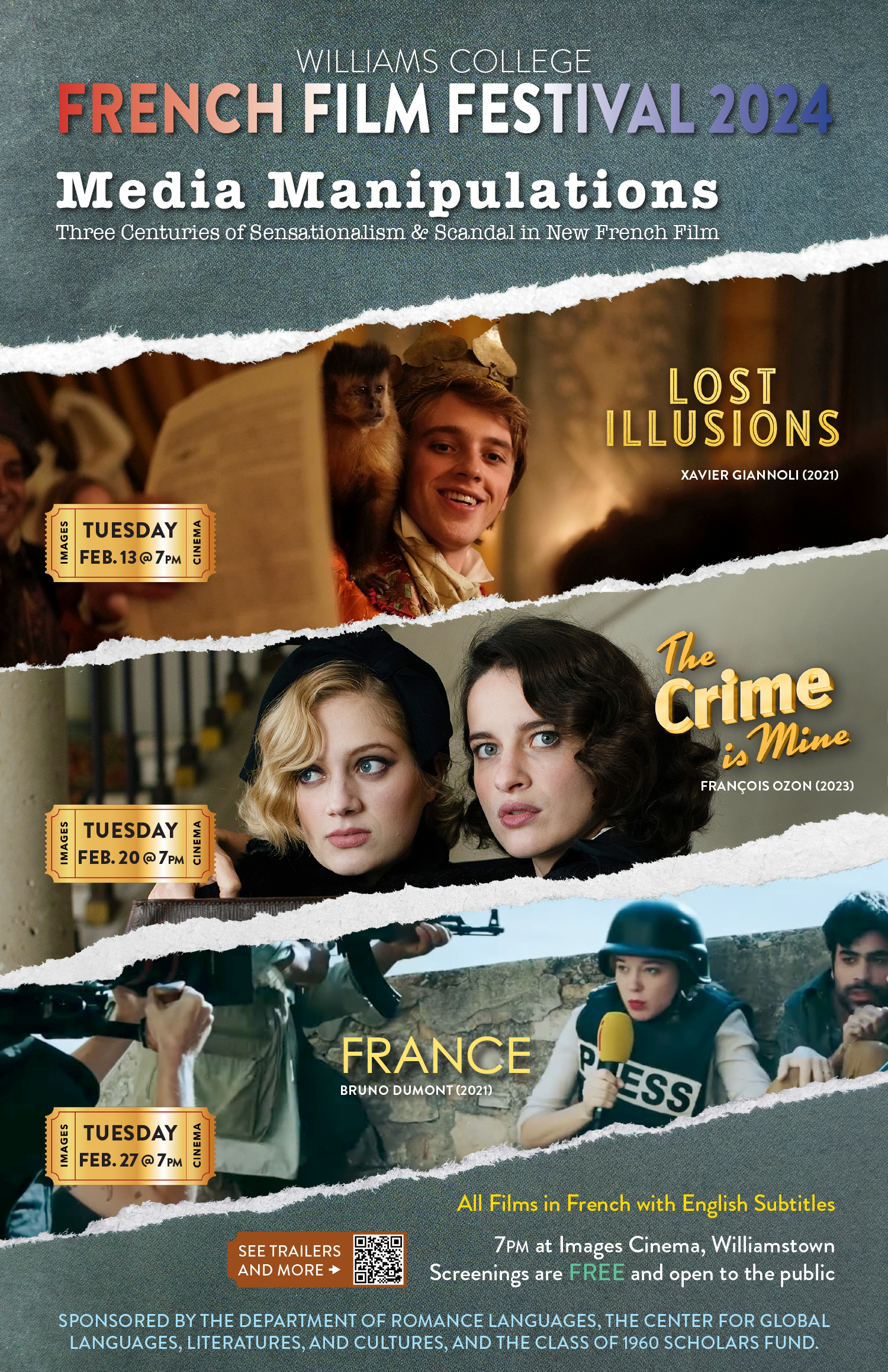French Film Festival poster with images from all three films "Lost Illusions", "The Crime is Mine", and "France" Detailed event information is also listed