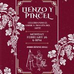 Flyer descibing the Lienzo Y Pincel event. Marooon background with white floral decor