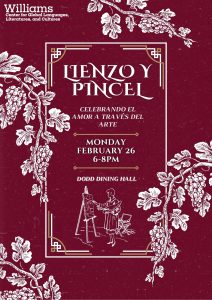 Flyer descibing the Lienzo Y Pincel event. Marooon background with white floral decor